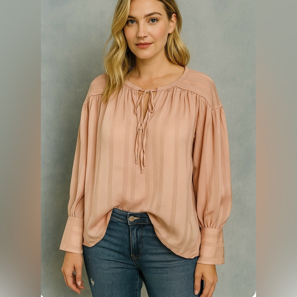 H&M PEACH SATIN STRIPE TIE-FRONT PEASANT SWING BLOUSE 12 NWT